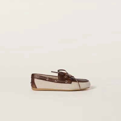 Miu Miu Canvas And Bleached Leather Boat Shoes In Beige/brown