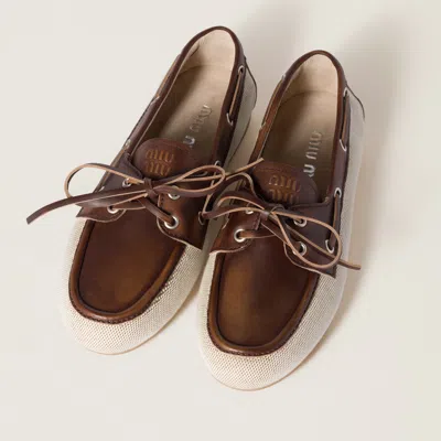 Miu Miu Canvas And Bleached Leather Boat Shoes In Beige/brown