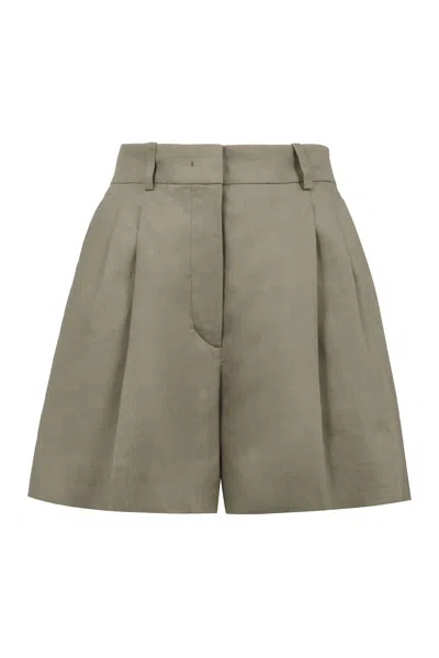 Kiton Linen High Waist Pleated Shorts With Belt Loops In Green