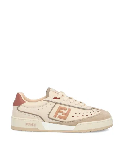 Fendi Modern Contrast Panel Sneakers With Perforated Design In Brown