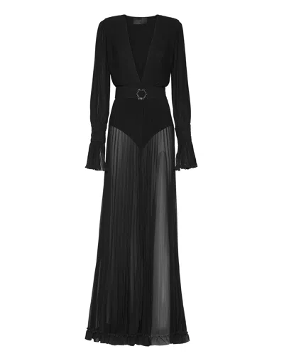 Philipp Plein Fully-pleated Semi-sheer Dress In Black