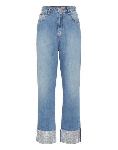 Philipp Plein Denim Trousers Strass Loose Fit Heart In Multi