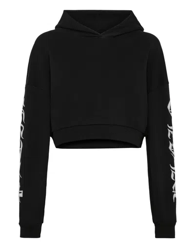 Philipp Plein Logo-embroidered Cropped Hoodie In Black