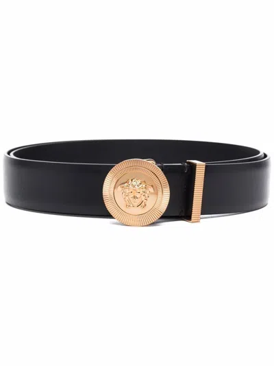 Versace Medusa Streamlined Leather Belt With Adjustable Length And Gold-tone Buckle In Black