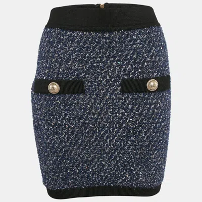 Pre-owned Balmain Blue Metallic Tweed Sequin Embellished Mini Skirt M