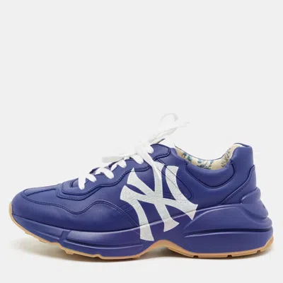 Pre-owned Gucci Blue Leather Ny Yankees Rhyton Sneakers Size 41.5