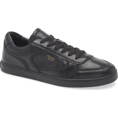 Prada Leather Sneakers With Flat Sole And Round Toe In Black