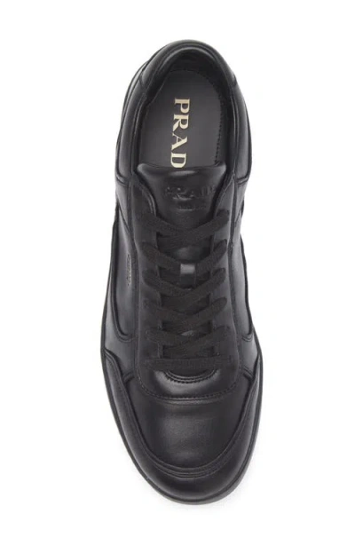 Prada Leather Sneakers With Flat Sole And Round Toe In Black