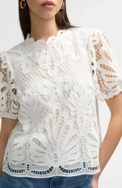 Nvlt Mock Neck Short Sleeve Lace Top In White