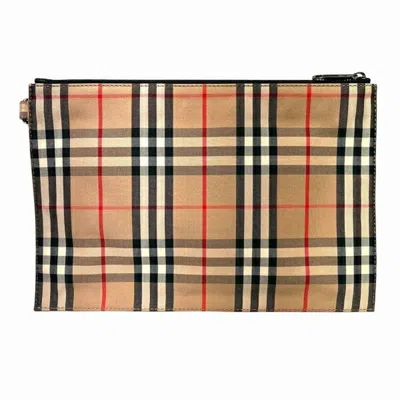 Pre-owned Burberry Beige Brown Canvas Leather Clutch Bag () In Beige, Brown