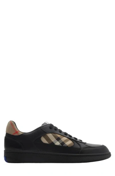 Burberry Indigo Blue Leather And Check Sneaker Terrace Men In Black/sand Ip Check