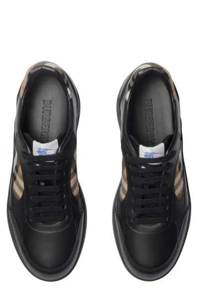 Burberry Indigo Blue Leather And Check Sneaker Terrace Men In Black/sand Ip Check