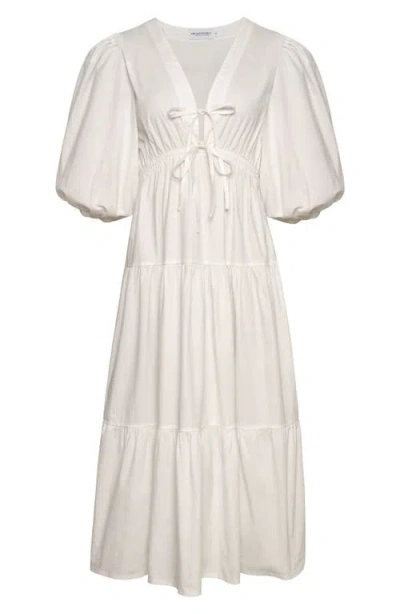 The Lulo Project Lilies Tie Front Stretch Cotton Midi Dress In Crudo