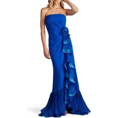 Tadashi Shoji Pleated Strapless Gown With Cascading Ruffles In Mystic Blue
