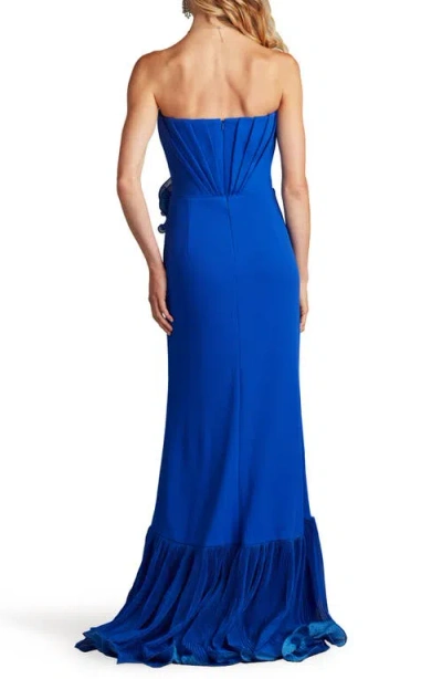 Tadashi Shoji Pleated Strapless Gown With Cascading Ruffles In Mystic Blue