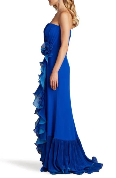 Tadashi Shoji Pleated Strapless Gown With Cascading Ruffles In Mystic Blue