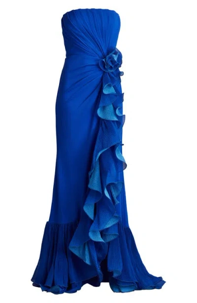 Tadashi Shoji Pleated Strapless Gown With Cascading Ruffles In Mystic Blue
