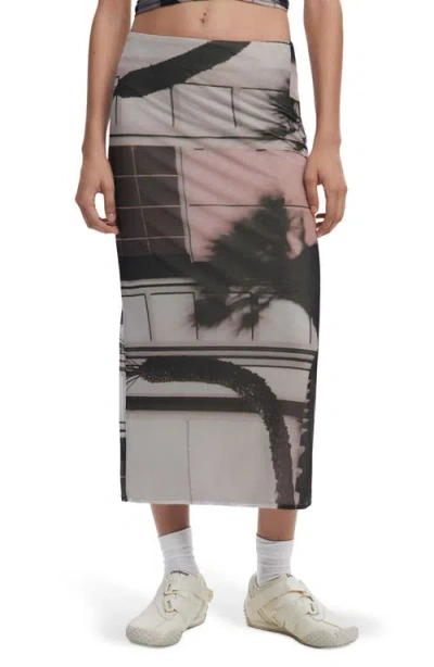 Desigual Abstract Print Mesh Midi Skirt In Monbean Gray