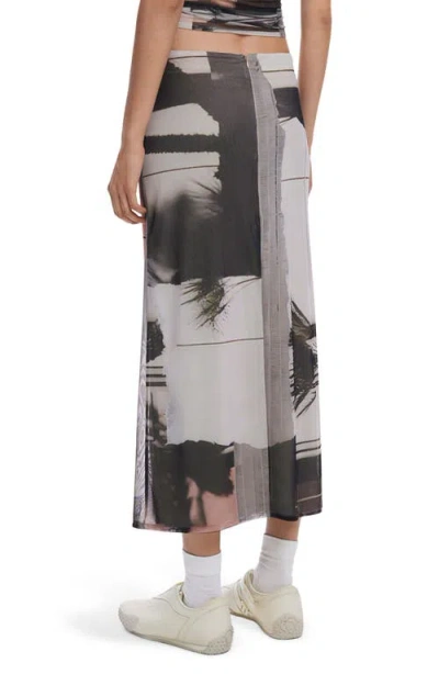 Desigual Abstract Print Mesh Midi Skirt In Monbean Gray