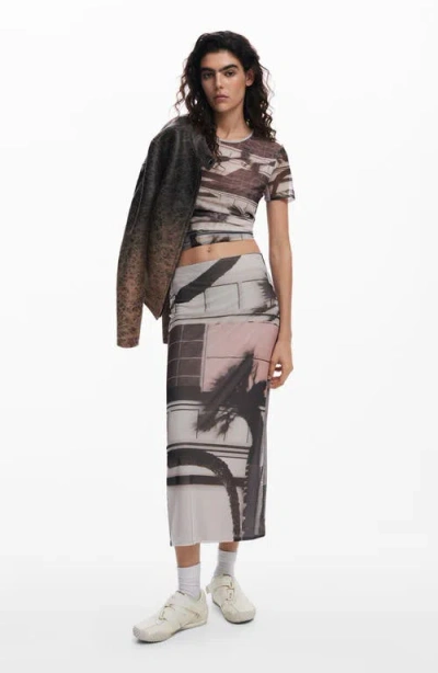 Desigual Abstract Print Mesh Midi Skirt In Monbean Gray