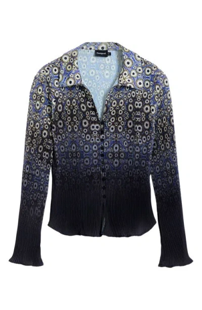 Desigual Ombré Cell Print Rib Button-up Shirt In Navy Blue