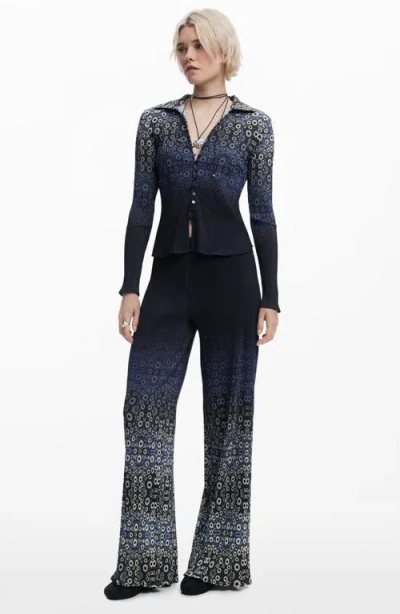 Desigual Ombré Cell Print Rib Button-up Shirt In Navy Blue