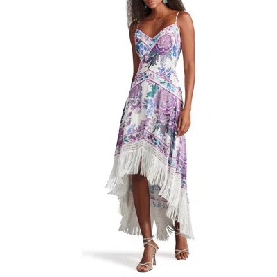 Tadashi Shoji Lua Floral Print Tassel Fringe Slip Dress In White Purple Floral
