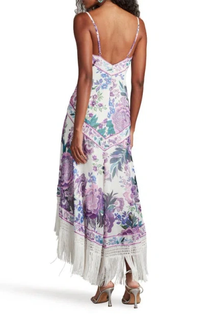 Tadashi Shoji Lua Floral Print Tassel Fringe Slip Dress In White Purple Floral
