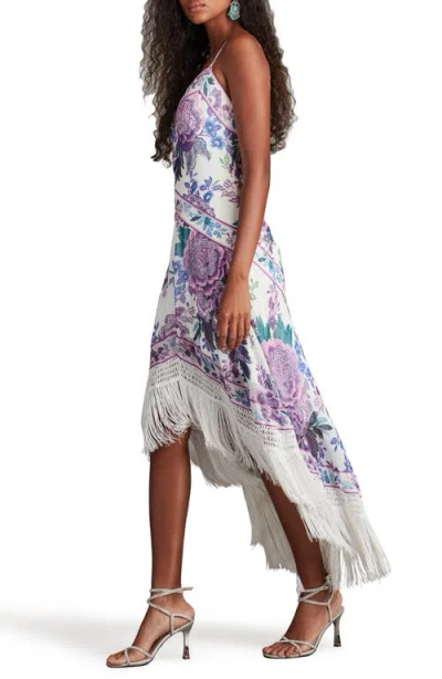 Tadashi Shoji Lua Floral Print Tassel Fringe Slip Dress In White Purple Floral