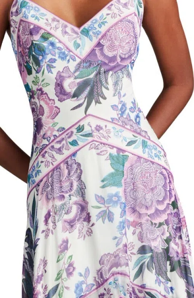 Tadashi Shoji Lua Floral Print Tassel Fringe Slip Dress In White Purple Floral