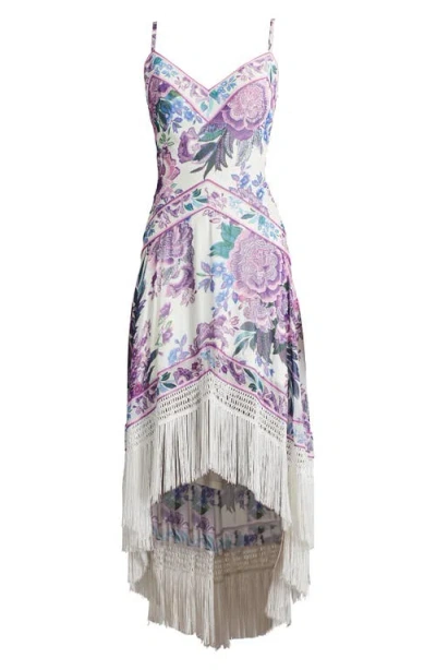 Tadashi Shoji Lua Floral Print Tassel Fringe Slip Dress In White Purple Floral