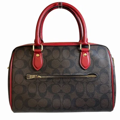 Pre-owned Coach Brown Red Color Canvas Leather Handbag Shoulder Bag () In Brown, Red Color