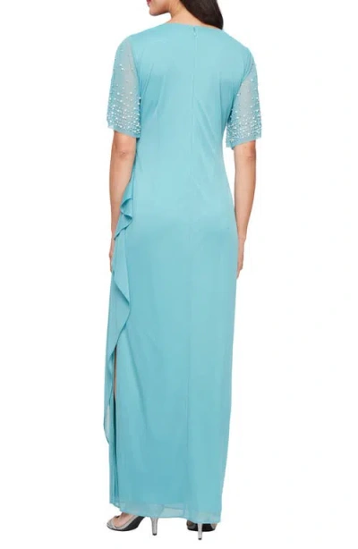 Alex Evenings 81321016 Beaded Long Formal Ruffle Evening Dress In Teal
