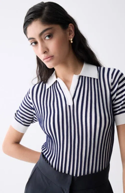 Deluc Amarenta Stripe Polo Sweater In Ecru And Navy