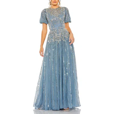 Mac Duggal High Neck Puff Sleeve Embellished A Line Gown In Slate Blue