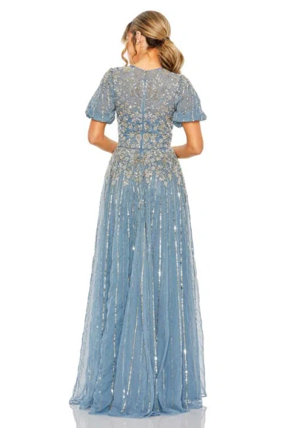 Mac Duggal High Neck Puff Sleeve Embellished A Line Gown In Slate Blue