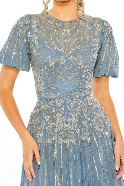 Mac Duggal High Neck Puff Sleeve Embellished A Line Gown In Slate Blue