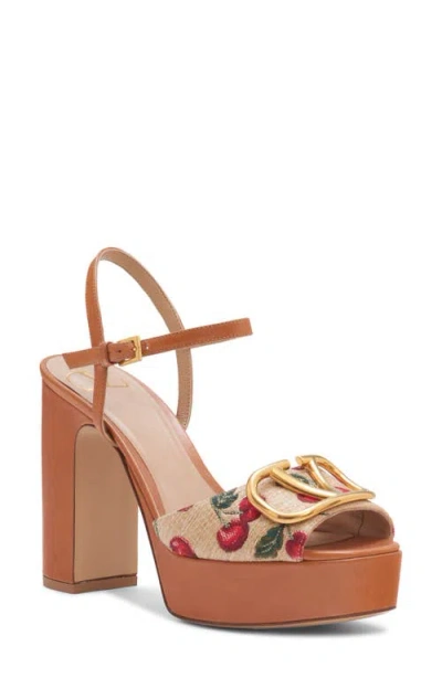 Valentino Garavani Cherry-embroidered Raffia Platform Sandals In Brown