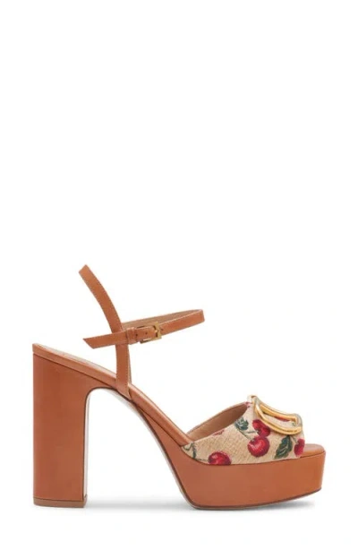 Valentino Garavani Cherry-embroidered Raffia Platform Sandals In Brown