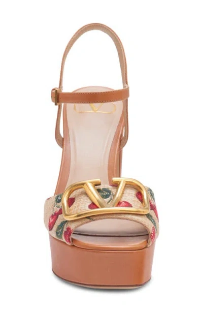Valentino Garavani Cherry-embroidered Raffia Platform Sandals In Brown