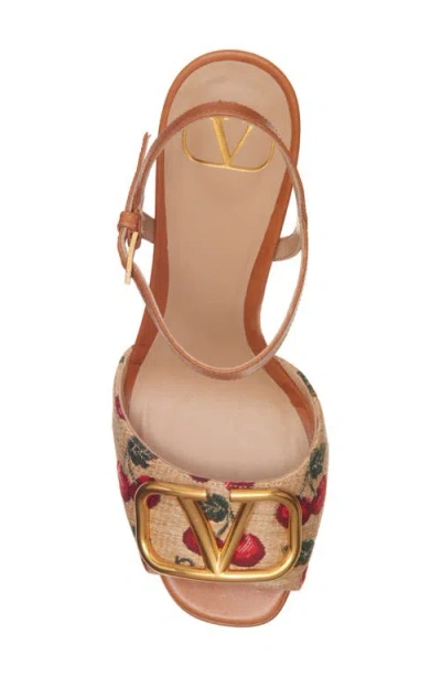 Valentino Garavani Cherry-embroidered Raffia Platform Sandals In Brown