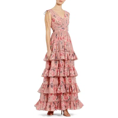 Mac Duggal Drawstring Shoulder Floral Chiffon Tiered Gown In Pink Multi