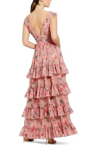 Mac Duggal Drawstring Shoulder Floral Chiffon Tiered Gown In Pink Multi