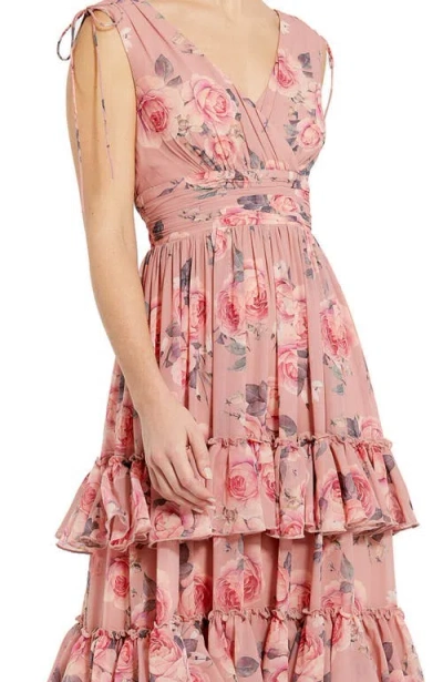 Mac Duggal Drawstring Shoulder Floral Chiffon Tiered Gown In Pink Multi