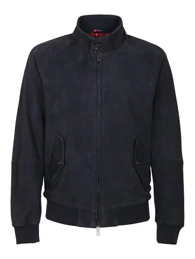 Baracuta Suede Jacket With High Collar And Pockets In Blue