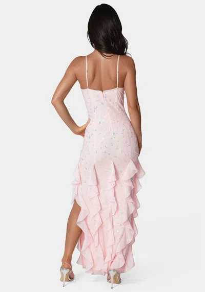 BEBE CASCADE BEADED MESH GOWN 