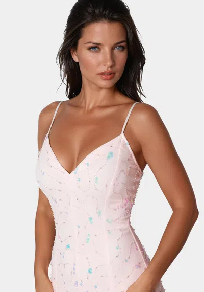 Bebe Cascade Beaded Mesh Gown In Blush