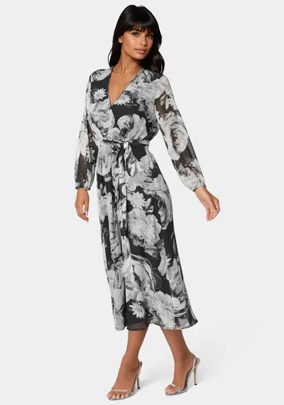 Bebe Surplice Chiffon Midi Dress In Black,white