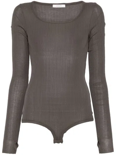 Lemaire Ribbed Long-sleeve High-cut Bodysuit In Brown