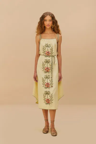 Farm Rio Active Sand Tropical Flower Embroidered Lenzing Ecovero Euroflax Maxi Dress In Sand